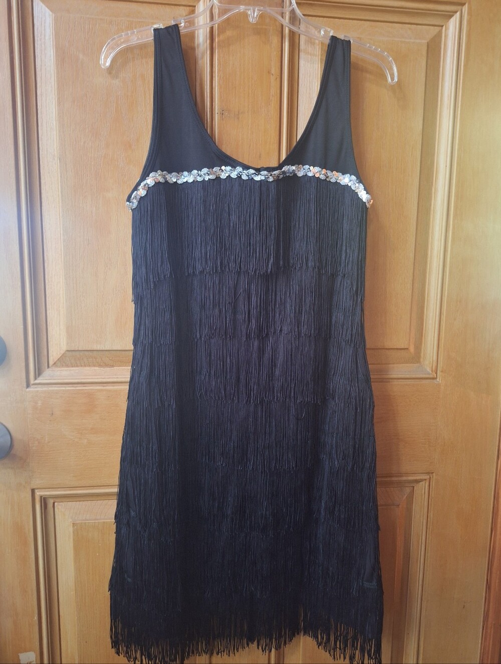 Black Fancy Flapper Fringe Tank Costume with Sequin Trim Sz Large Adult